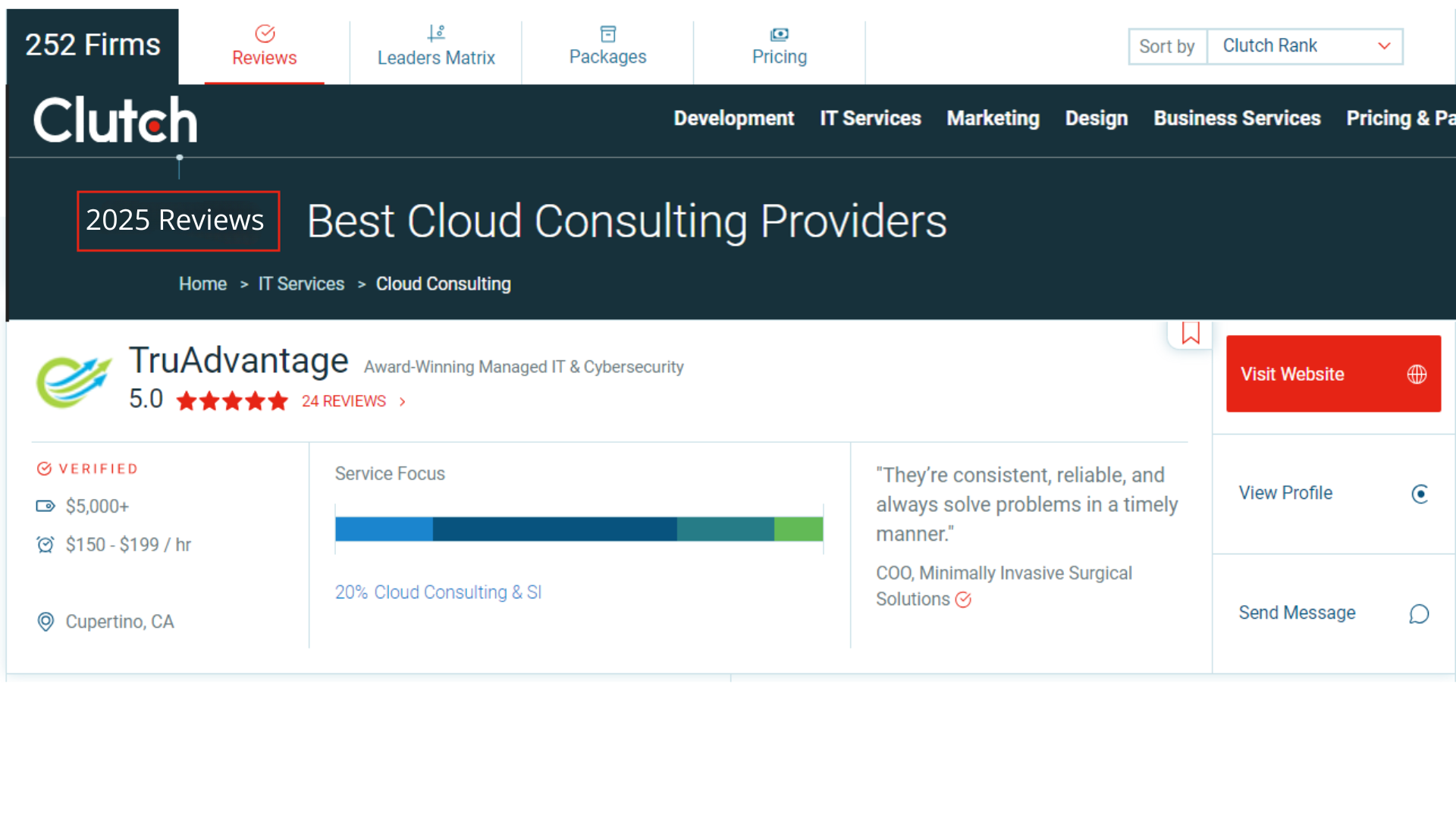 “TruAdvantage ranked among top cloud consulting providers by Clutch with a 5.0 rating from 24 reviews, verified in Cupertino, CA.”