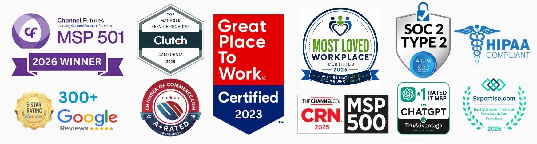 “TruAdvantage recognized as a top-rated IT MSP in San Jose for 2026, honored by Channel Futures, CRN MSP 500, Clutch, Google Reviews, and Expertise.com, with HIPAA compliance and Great Place to Work certification.”