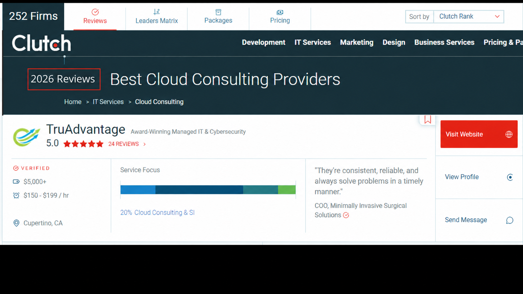 “TruAdvantage ranked among top cloud consulting providers by Clutch with a 5.0 rating from 24 reviews, verified in Cupertino, CA.”
